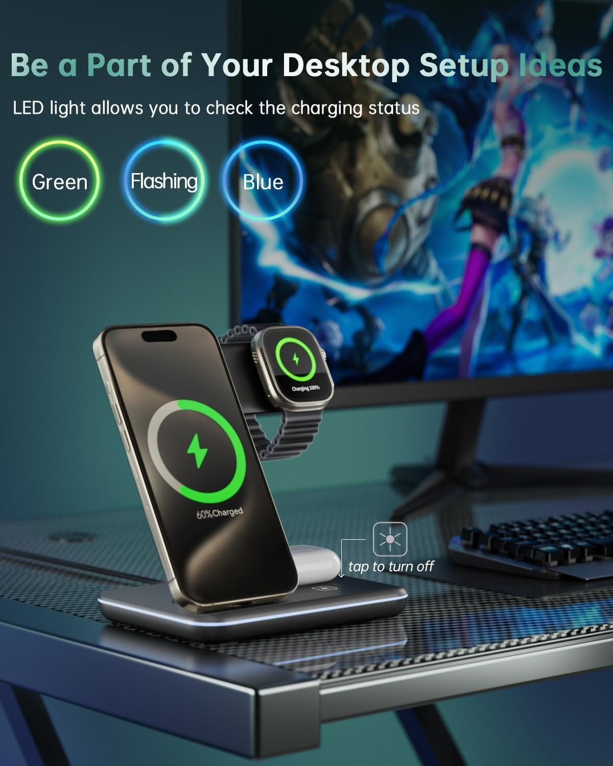 Dawntress 3-in-1 Wireless Charger for Apple, 15W Fast Wireless Charging Station, 3 in1 Wireless Charger Dock Compatible with iPhone 16/15/14, Airpods, Apple Watch, iWatch 10/9/8