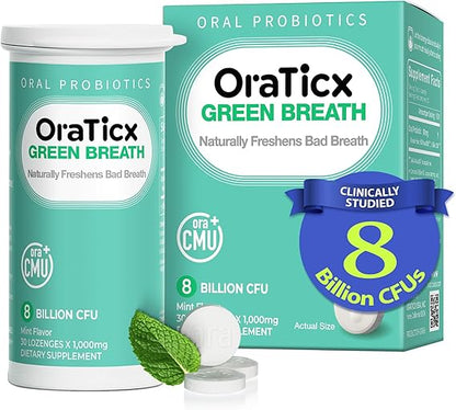 Green Breath Oral Care Probiotics, Naturally Support Freshens Bad Breath & Healthy Mouth, Dental Probiotic Supplement 8 Billion CFU, Mint Flavor 30 Lozenges 1-PK