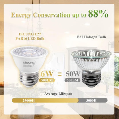 DiCUNO E27 LED Spotlight 6W, PAR16 LED Reflector Bulbs, Warm White 2700K, 50W Halogen Replacement, 500LM, CRI 90, Short Neck Light Bulb for Recessed Light, Non-dimmable, 60° Beam Angle, Pack of 6