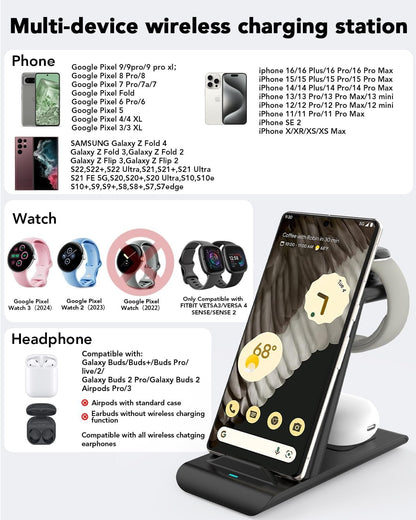 Upgraded 3 in 1 Wireless Charger Compatible with Google Pixel Watch 3/2, Pixel 9 Pro XL/9/8/7/7A/6 Pro, Pixel Buds Pro/2, Wireless Charging Station for Multiple Devices (Not for Pixel Watch 1)