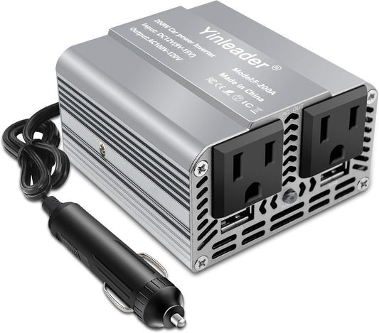 Yinleader 200W Car Power Inverter DC 12V to 110V AC Car Plug Adapter with Dual 3.1A USB Ports and 2 AC Outlets, Cigarette Lighter Adapter, Grey