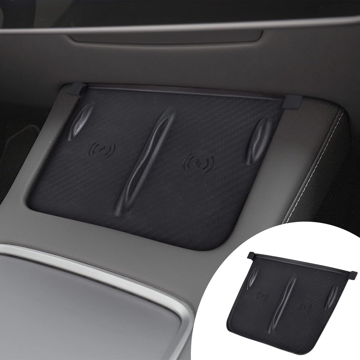 Tinlucys Tesla Center Console Silicone Pad for Wireless Charging Space,Center Interior Accessories Model 3/Y 2021-2023,Silicone Cover Carbon Fiber Parttern Black