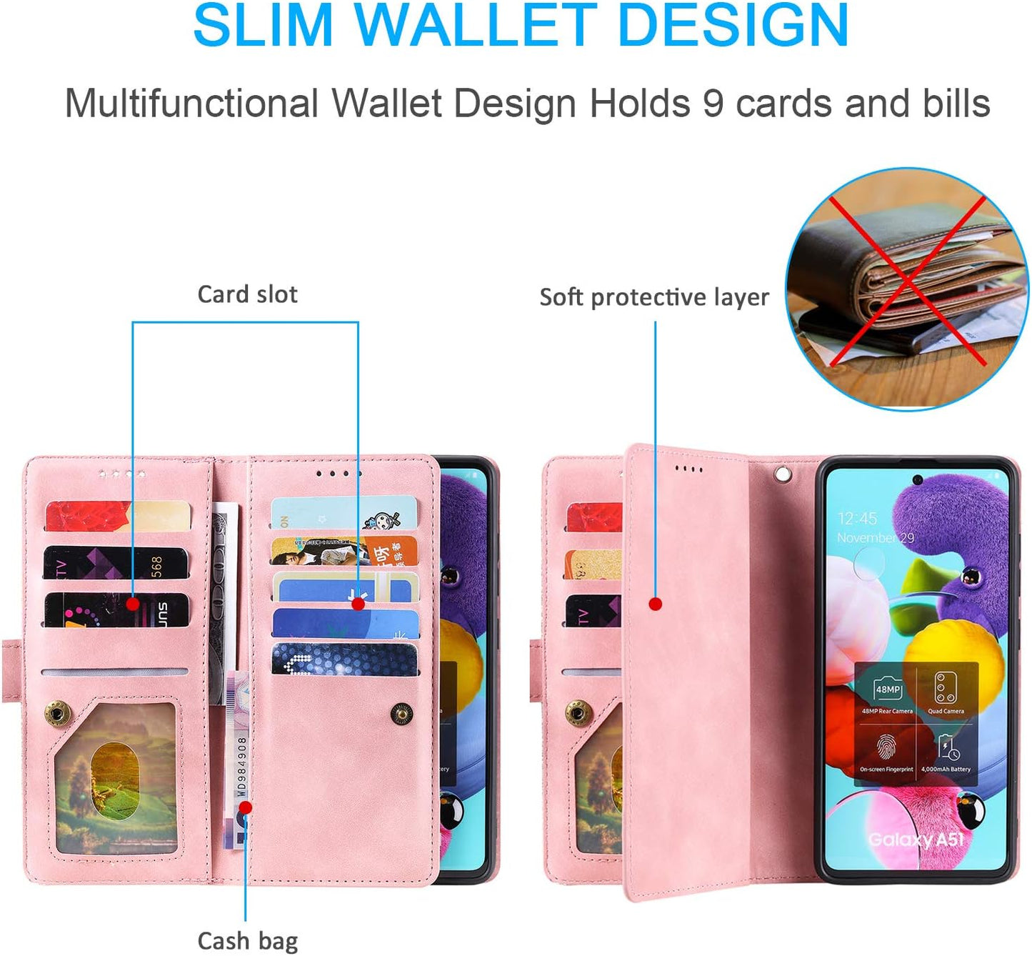 UEEBAI Wallet Case for Samsung Galaxy S22 Ultra 5G, Retro 9 Card Holder Slots Zipper Pocket Handbag Case PU Leather Magnetic Closure Kickstand with Wrist Strap TPU Shockproof Flip Case - Rose Gold