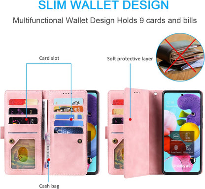 UEEBAI Wallet Case for Samsung Galaxy S22 Ultra 5G, Retro 9 Card Holder Slots Zipper Pocket Handbag Case PU Leather Magnetic Closure Kickstand with Wrist Strap TPU Shockproof Flip Case - Rose Gold