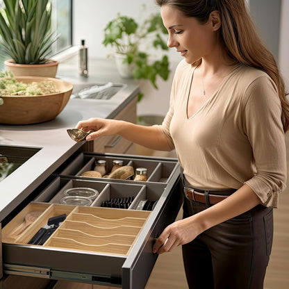 Silverware Organizer, Kitchen Drawer Organizer 13"× 17" Pine Wood Utensil Holder and Cutlery Tray with Grooved Drawer Dividers, 7 Compartment Utensil Tray Wood Caddy for Flatware Forks Spoon, Knives