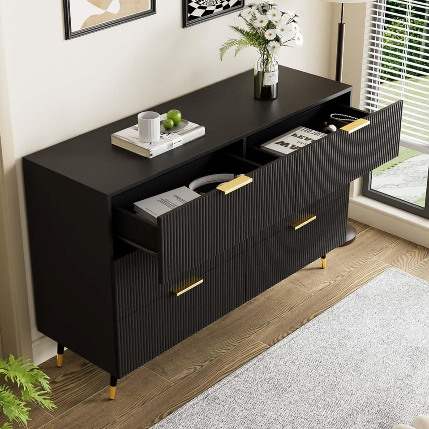 KOMHTOM Black Bedroom Chest of Drawers Multi-Purpose Cabinet Modern Entrance Cabinet with Gold Legs and Handles Bedroom Furniture