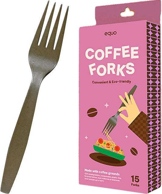 EQUO Coffee Disposable Forks (Pack of 15) - Plastic-Free, Home-compostable, Heat-Safe Utensils for Parties, Events, Camping & More