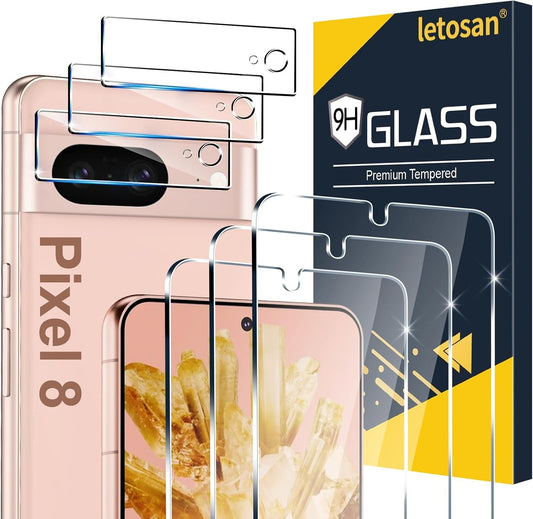 letosan [3+3 Pack] for Google Pixel 8 Screen Protector, 9H Tempered Glass, Ultrasonic Fingerprint Unlock, Case Friendly HD Clear for Google Pixel 8 Tempered Glass Screen Protector 5G
