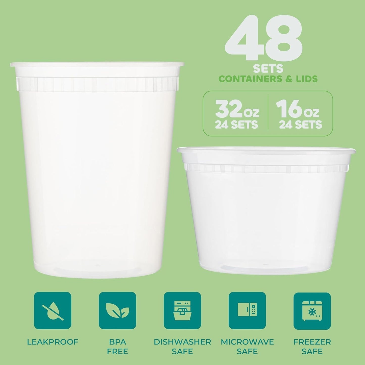 Deli Food Containers with Lids - (48 Sets) 24-32 Oz Quart Size & 24-16 Oz Pint Size Airtight Food Storage Takeout Meal Prep Containers with 54 Lids, BPA-Free, Dishwasher, Microwave Safe