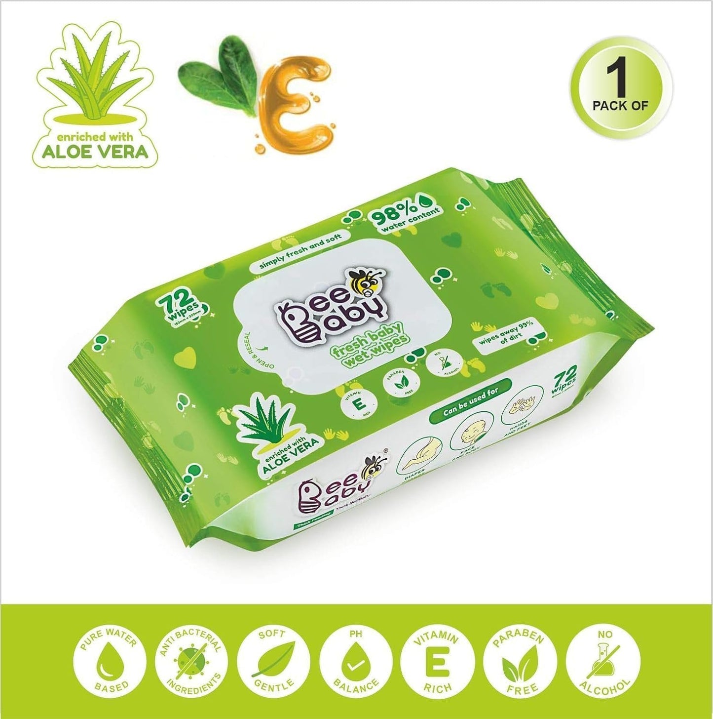 Bee.Baby. Fresh Aloe Vera Baby Wet Wipes - 1 Pack of 72 Pieces