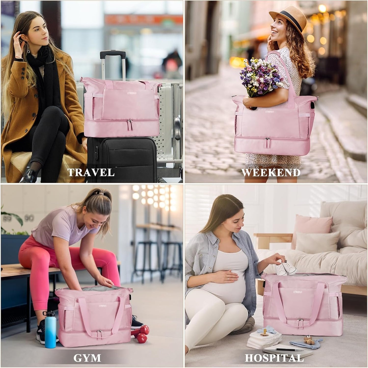 Gym Bag for Women, Sports Travel Duffel Bag with USB Charging Port, Weekender Overnight Bag with Wet Pocket and Shoes Compartment for Women Travel, Gym, Yoga, (Pink)