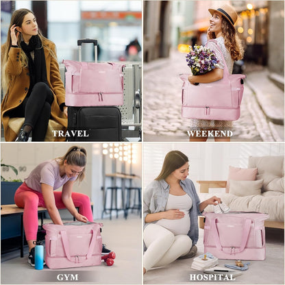 Gym Bag for Women, Sports Travel Duffel Bag with USB Charging Port, Weekender Overnight Bag with Wet Pocket and Shoes Compartment for Women Travel, Gym, Yoga, (Pink)