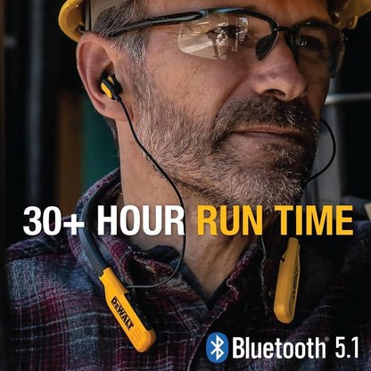 DEWALT Wireless Bluetooth Neckband Headphones — Neckband Earphones with 30H Runtime — Secure Magnetic Earbuds — Noise-Isolating Wireless Earbuds — Jobsite Pro Built-in Mic for Crystal-Clear Calls