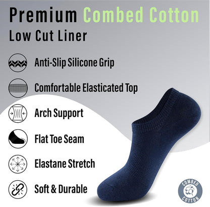 The Essentials Wardrobe 6 Pairs Unisex Low Cut No Show Trainer Liners Socks Combed Cotton Mens Ladies Womens Socks with Anti-Slip Heel Ergonomic Heel Elastane Stretch Socks