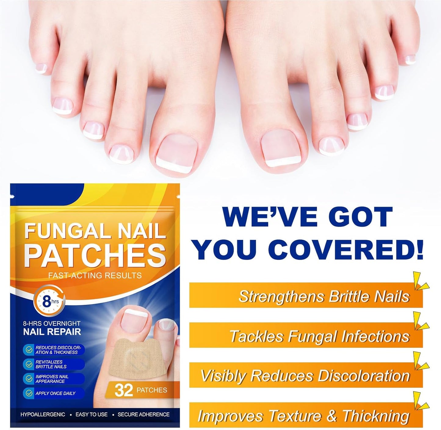 Toenail Repair Patches, 32 Pieces Breathable Nighttime Nail Stickers, Crack and Discoloration Foot Care Pedicure Solution, Ideal for Men, Women, Athletes, Home Use 2.16 Inch