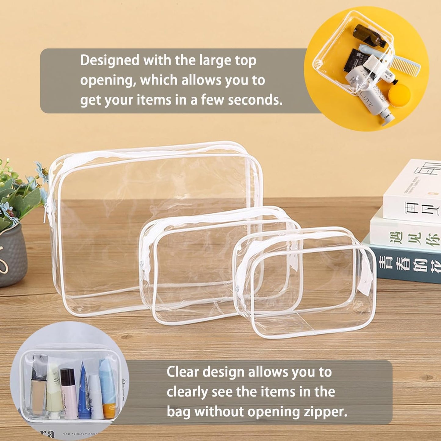 Jotia 3Pcs Clear Toiletry Bags, Clear Cosmetic Makeup Bag with Zippers, TSA Approved Travel Bag Clear Zippered Toiletry Carry Pouch Clear PVC Bags Portable Travel Luggage Pouch (White, S, M, L)