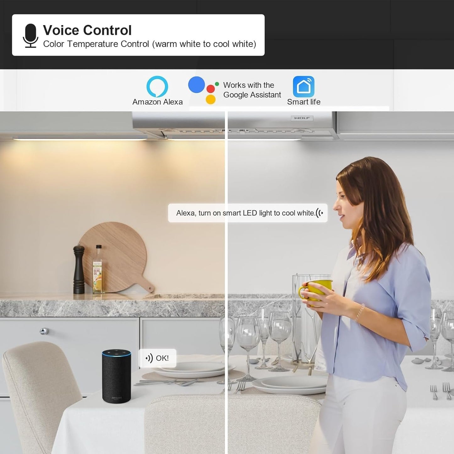 6pack 12inch Dimmable LED Under Cabinet Light Kit, 2700K to 6000K Smart LED Under Counter Lighting Fixture, Compatible with Alexa, Google Assistant, for Kitchen, Pantry, Shelf (Black)