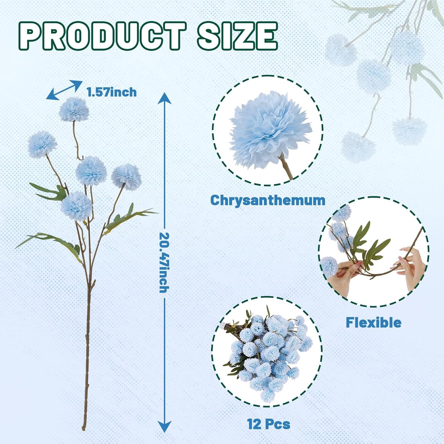 CHICNOOK Faux Kiku Flower,Blue 12 Stems Slik Small Chrysanthemum Flowers, Artificial Pompon Mums for Spring Floral Arrangements, Aesthetic Room Decor,Table Centerpieces,Wedding,Bouquet,Vase