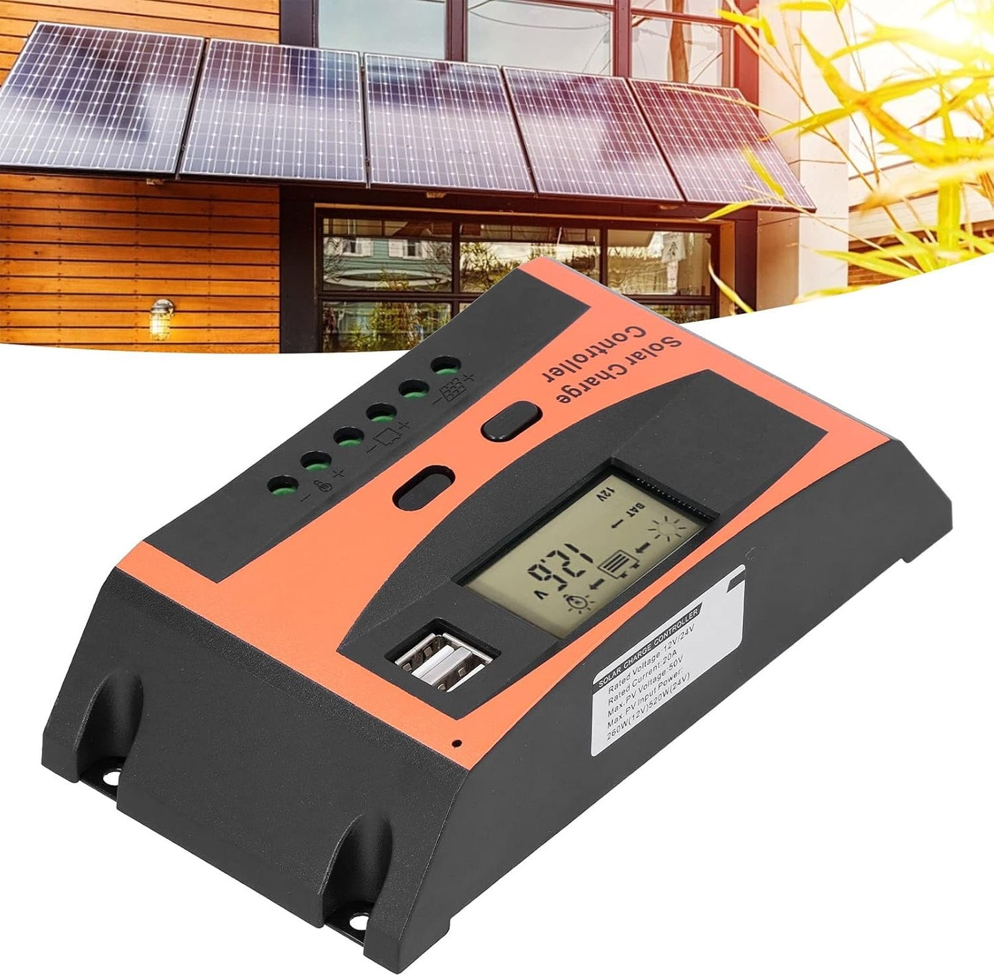 Solar Charge Controller LCD Display 12V 24V 20A Adjustable Dual USB Output with Overload Protection for Home Industry and Commerce Use ABS Material