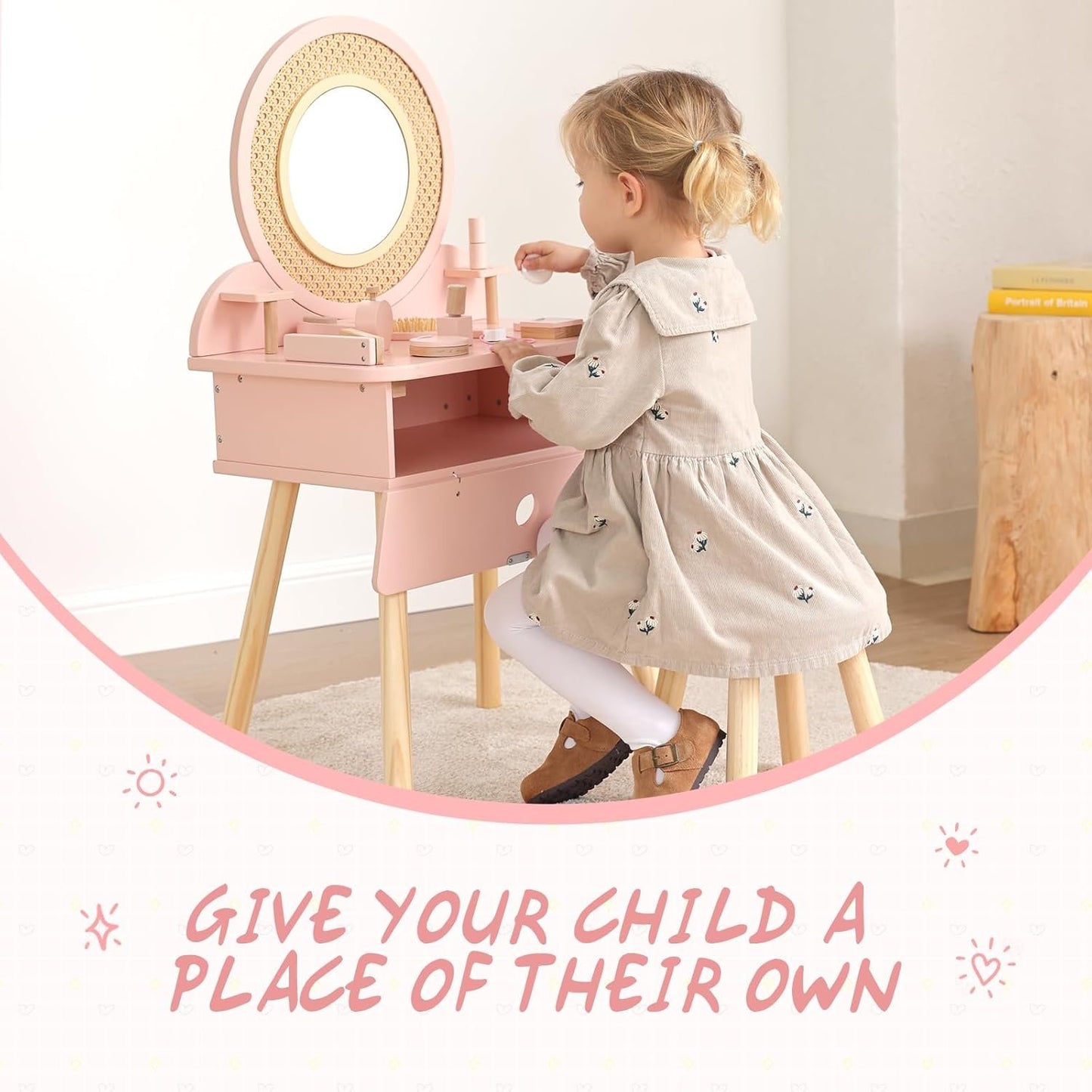 OOOK Kids Vanity Table and Chair Set, Pink Girls Vanity with 11 Pcs Accessories, Enough for Real and Pretend Makeup, Toddler Vanity for 3 Year Old and Up as Ideal Gift