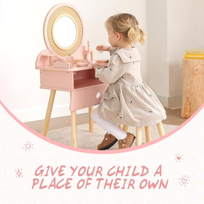 OOOK Kids Vanity Table and Chair Set, Pink Girls Vanity with 11 Pcs Accessories, Enough for Real and Pretend Makeup, Toddler Vanity for 3 Year Old and Up as Ideal Gift