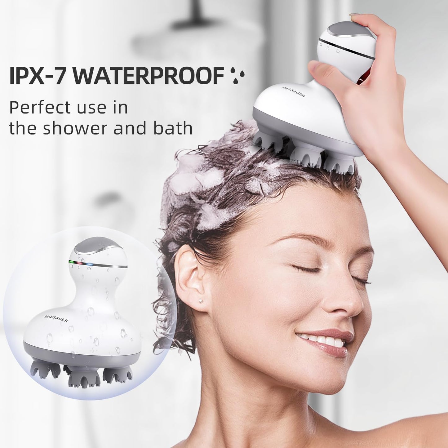 Electric Scalp Head Massager, Handheld Portable Waterproof Head Scratcher Massager with 4 Heads 84 Nodes Gifts Idea for Hair Growth, Deep Clean & Stress Release Massage