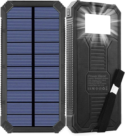 Solar Charger, Friengood 15000mAh Portable Solar Power Bank with Dual USB Output Ports, Solar Phone Charger External Battery Pack with 6 LED Flashlight Light for iPhone, iPad, Android and More (Black) …