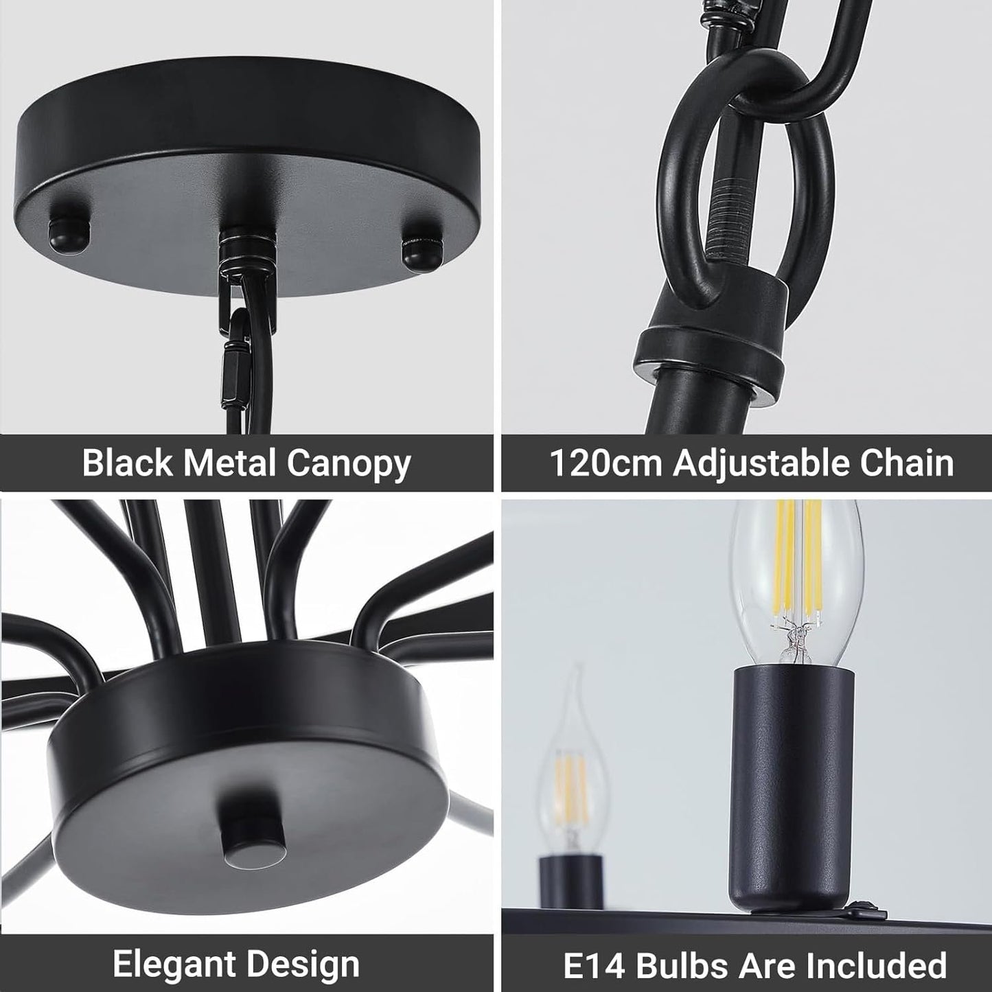 USOR 9-Light Black Chandelier Light Fixture Vintage Industrial Candle Chandelier Farmhouse Chandeliers Over Table Pendant Light for Dining Room Bedroom Living Room Kitchen D75cm E14 Bulbs Included