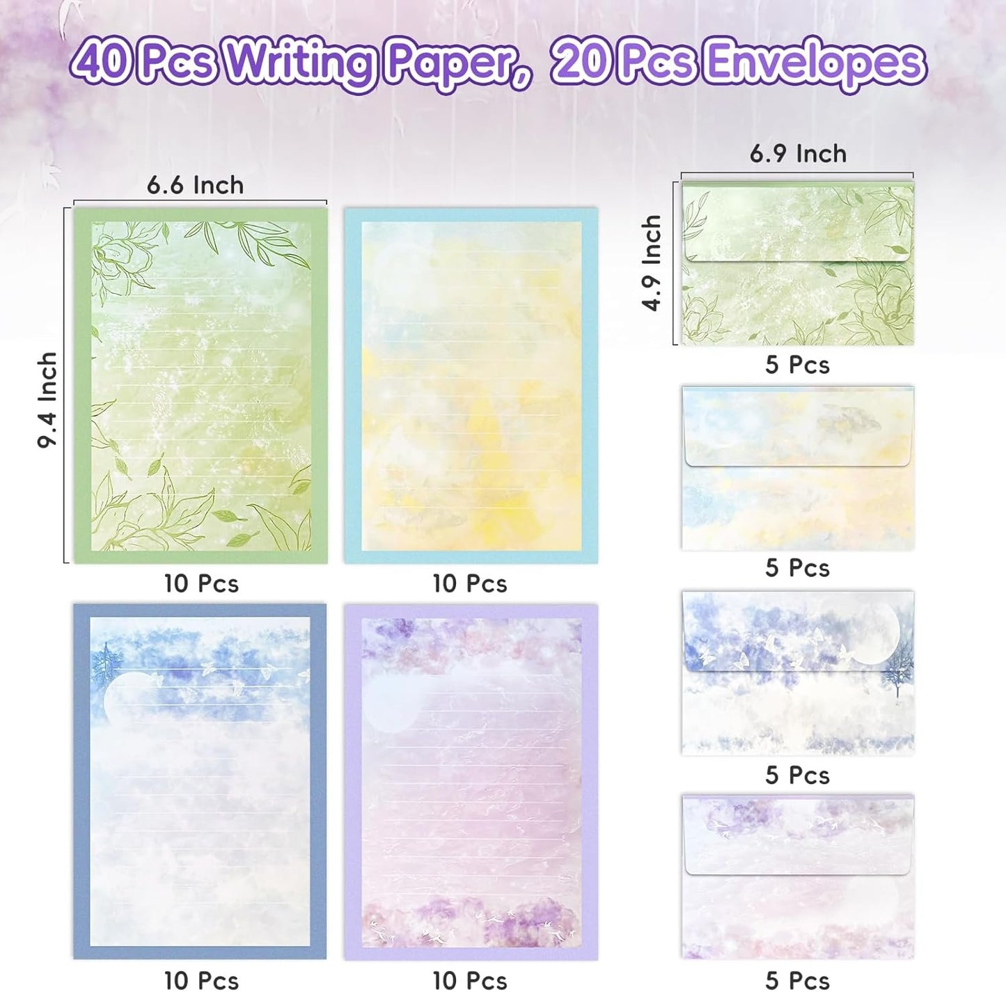 IMagicoo 40 Lined Writing Stationery Paper with 20 Envelopes, Beautiful Sky Designs for Writing Letter, Notes, Invitations, 4 Different Style (9.4 x 6.6)