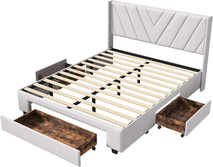 BRILVERDE Upholstered Bed, 160 x 200 cm, Double Bed with 3 Drawers, Solid Wood Bed with Headboard, Junior Bed, No Mattress, Beige (160 x 200 cm)