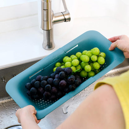 BLUE GINKGO Over The Sink Colander Strainer Basket - Wash Vegetables and Fruits, Drain Cooked Pasta and Dry Dishes - Extendable - New Home Kitchen Essentials (20 W x 36.8-49.5 L x 6.9 H cm) - Teal
