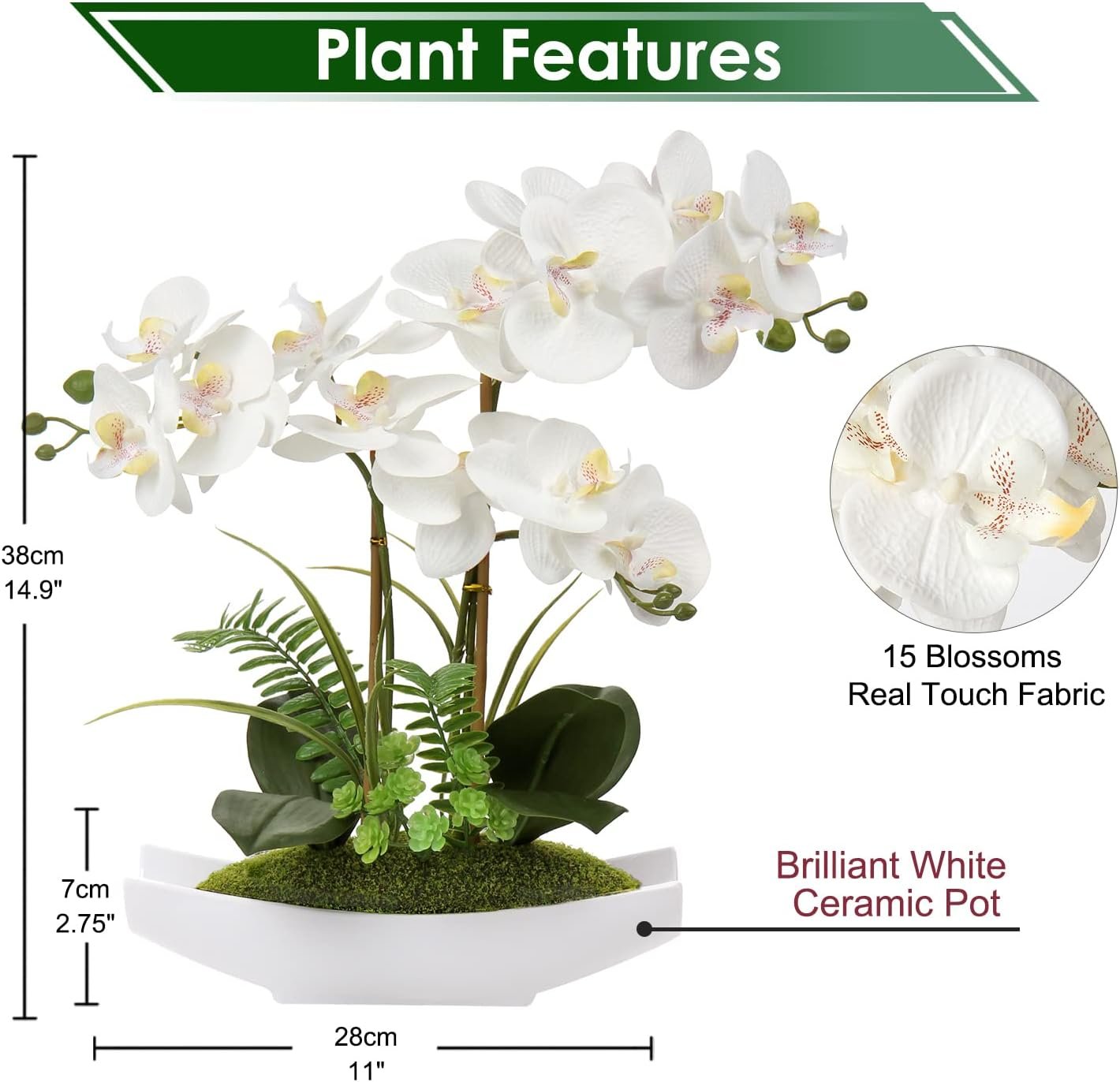 Orchids Artificial Flowers 15" Large Fake Orchid White Phalaenopsis Orchid Flower Arrangements with Ceramic Vase Faux Orchid for Home Bathroom Table Centerpiece Office Wedding Decor