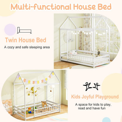 IFANNY Twin Floor Bed, Wooden House Bed with Safety Fence and Roof, Wood Twin Size Platform Playhouse, Low Montessori Bed Frame for Kids, Boys, Girls (White)