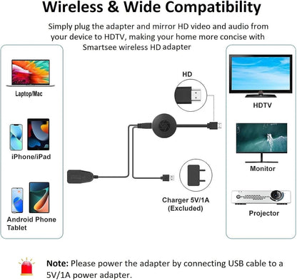 SmartSee Wireless Display Adapter, 1080P HD Screen Mirroring Dongle Media Video Streaming Receiver to HDTV Monitor Projector, Compatible with iOS/Android/Windows/Mac