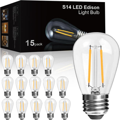 LangPlus+ 15 Pack 2W S14 LED Light Bulbs, E27 Base 2700K Warm White Plastic Shatterproof LED Edison Light Bulbs for Outdoor String Lights, Non- Dimmable 2W Equivalent to 20W Incandescent Bulb
