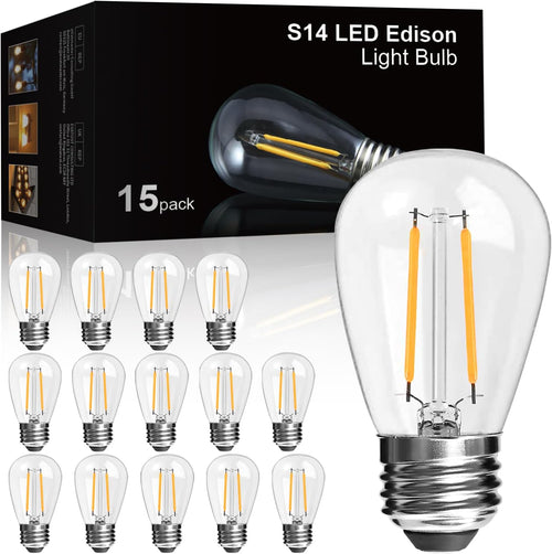 LangPlus+ 15 Pack 2W S14 LED Light Bulbs, E27 Base 2700K Warm White Plastic Shatterproof LED Edison Light Bulbs for Outdoor String Lights, Non- Dimmable 2W Equivalent to 20W Incandescent Bulb