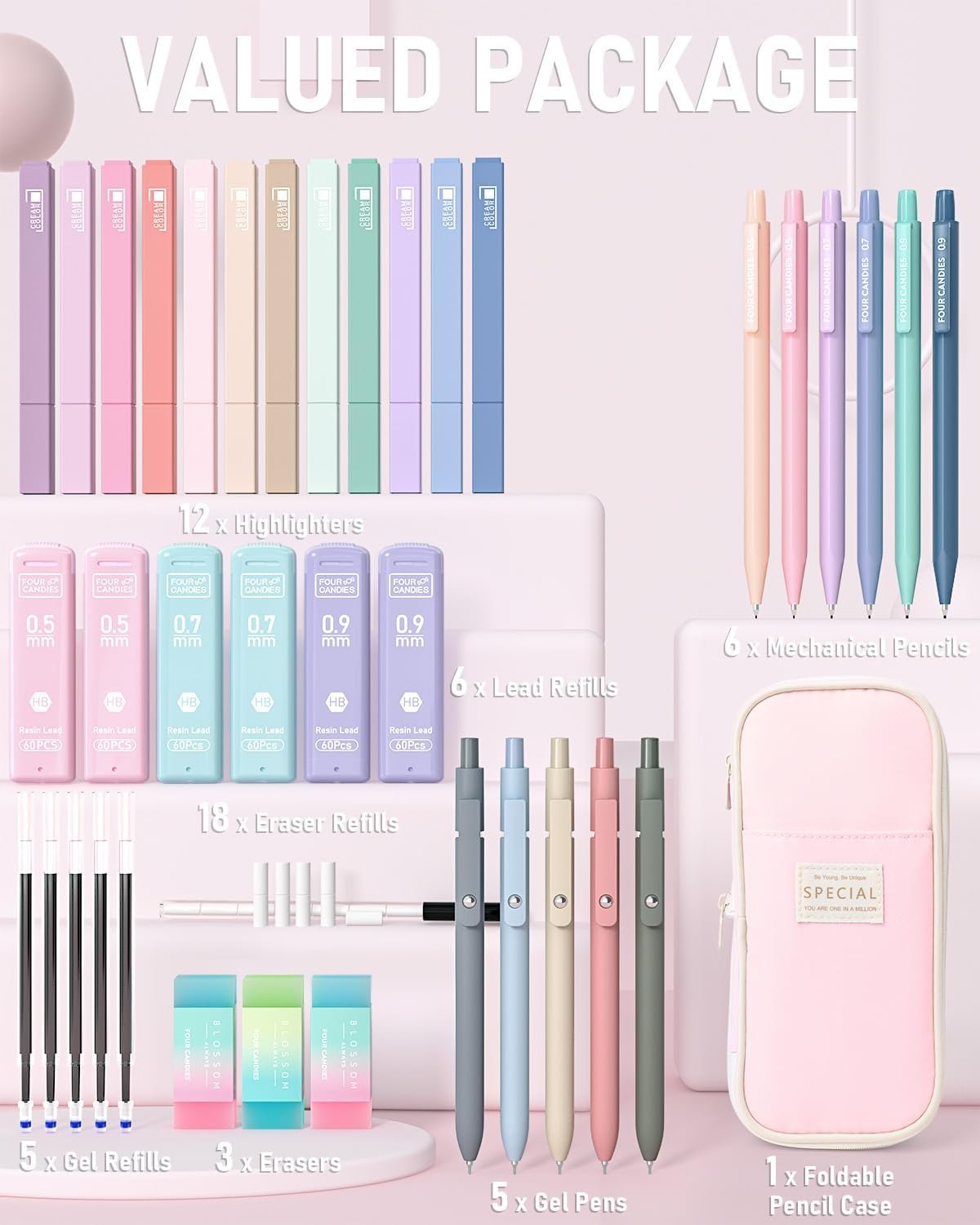 Four Candies 39 PCS Aesthetic School Supplies with Cute Pen Case, 12 Pastel Highlighters, 5 Black Ink Gel Pens, 6 Mechanical Pencils Set 0.5 & 0.7 mm for Students Stationary College Essentials (Pink)