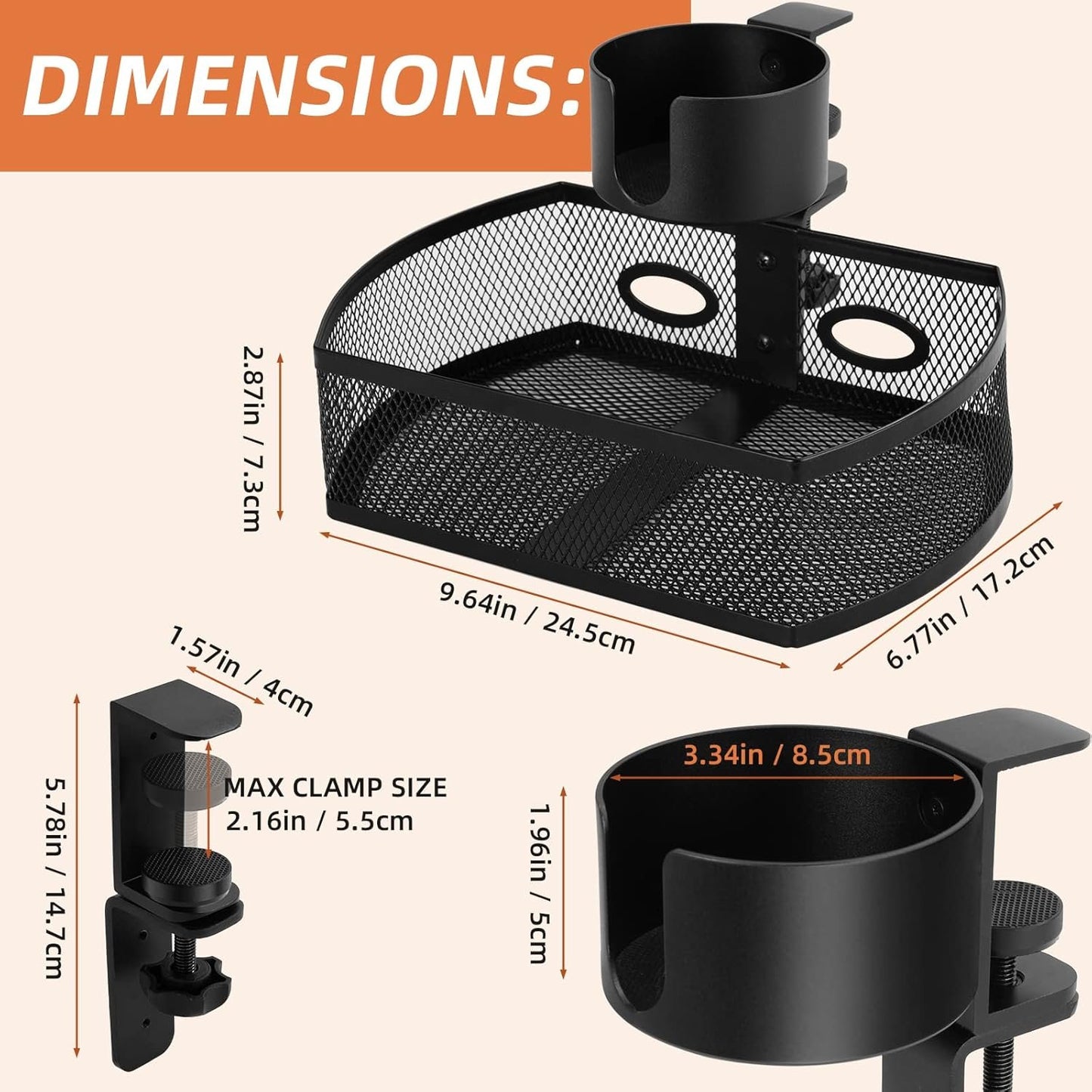 AnExer Under Desk Storage, Desk Cup Holder, 360 ° Rotary Desk Storage Organizer, C-clamp Mounting and Do Not Hurt The Table- Reduce Desk Clutter with Office Desk Basket & Clip on Cup Holder (Black)
