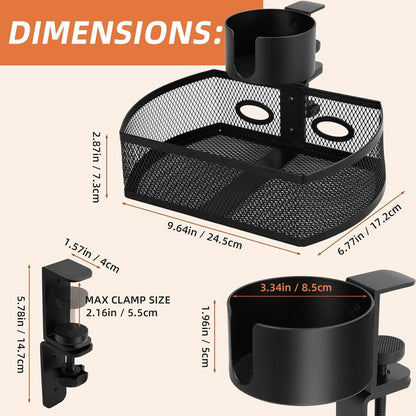 AnExer Under Desk Storage, Desk Cup Holder, 360 ° Rotary Desk Storage Organizer, C-clamp Mounting and Do Not Hurt The Table- Reduce Desk Clutter with Office Desk Basket & Clip on Cup Holder (Black)