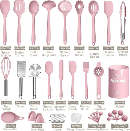 Silicone Cooking Kitchen Utensil Set, AIKKIL 43 Pcs Heat Resistant Cooking Utensils Set, Turner, Tongs, Spoon, Spatula, Kitchen Gadgets Tools Set for Nonstick Cookware, Pink(Dishwasher, BPA Free)