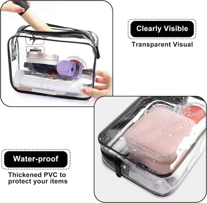 JUNART 3Pcs Clear Travel Toiletry Bags, TSA Approved Cosmetic Makeup Bag, Portable Travel Accessories Airport Airline Compliant Bag for Men and Women (Black)