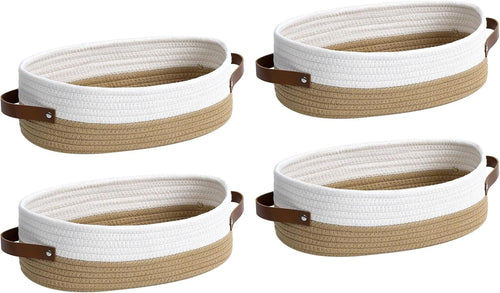 DIMJ Woven Rope Baskets Cotton - 4 Pack Toilet Paper Basket Small Nursery Storage Basket Set With Handles, Rectangle Cute Baskets for Gifts for Home Decor Organization Baby, Nursery,White and Brown
