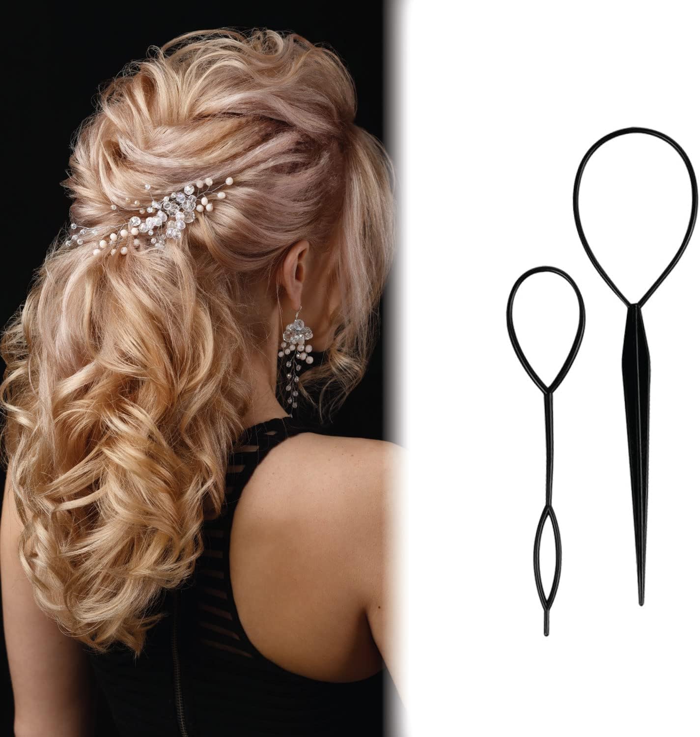 Trimming Shop Topsy Hair Braid Tool Ponytail Ring Styling Maker for Girls Women, DIY Hair Twist Fashion Accessory, 2pcs – Black