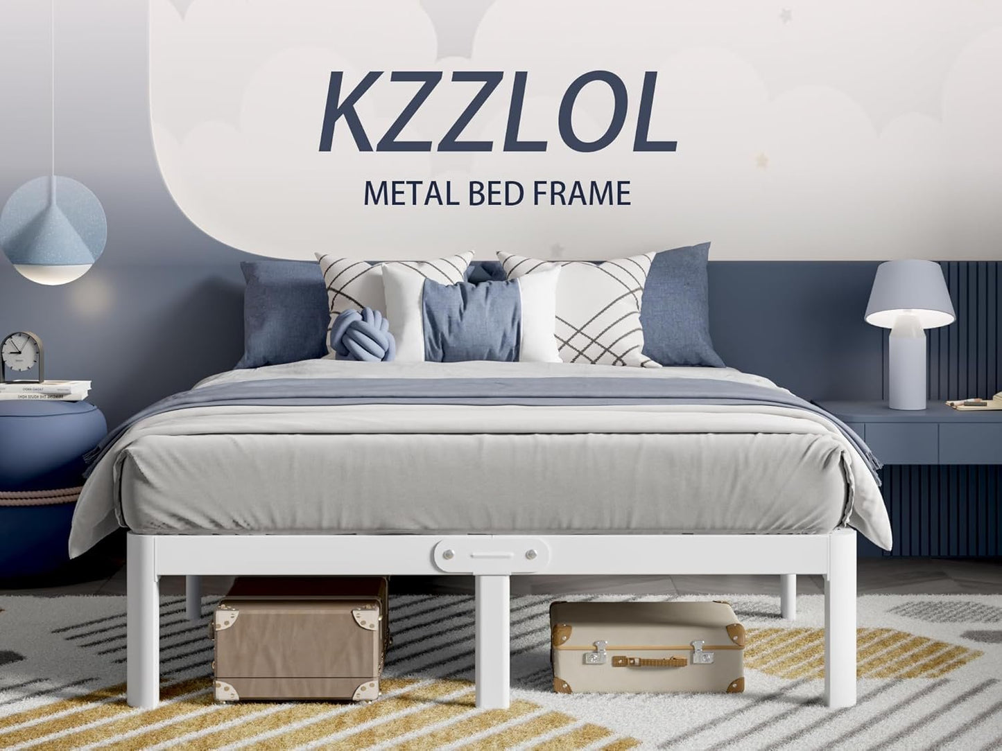KZZLOL White Full Size Bed Frame 12 Inch, Metal Platform Bed Frame Full No Box Spring Needed, DIY Headboard, Heavy Duty Steel Support 3500 LBS, Noiseless, Round Legs, Storage Space, Easy Assemblys