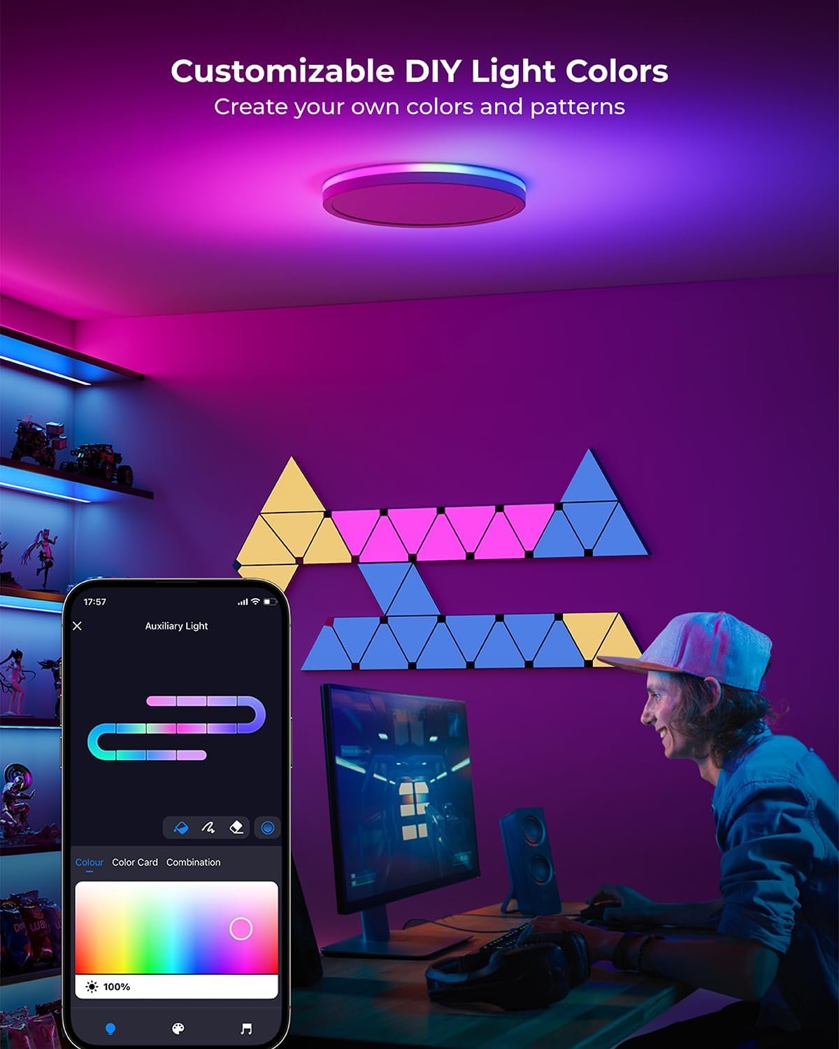 Matane Smart LED Ceiling Light WiFi, 12IN RGB Flush Mount Ceiling Light Fixture, 16 Million DIY Colors, Works with Alexa Google Home, 3000K-6500K Ceiling Lights for Bedroom, Living Room, White