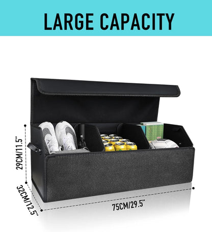 Fyzeoty Car Organizers and Storage - Trunk Organizer for Suv Sedan,Car Leather Box,Extra Large,Magnetic Lid,Collapsible Adjustable Black