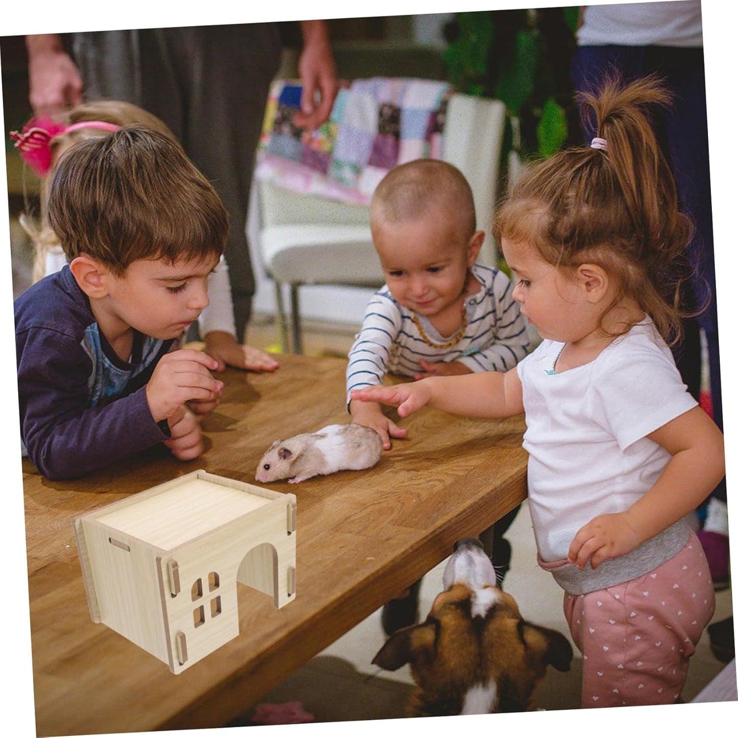 Milisten Cozy Wooden Hideout for Small Pets Multifunctional Hamster House with Feeding and Watering Area Secure Design for Rabbits Guinea Pigs Hedgehogs and Chinchillas
