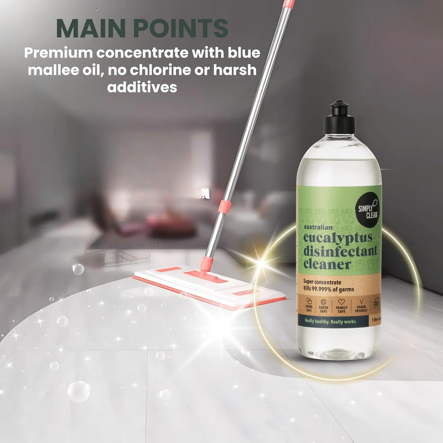 SimplyClean Eucalyptus Disinfectant Concentrated Cleaner - Natural Multi-Surface Cleaner with Pure Australian Eucalyptus Essential Oil - Makes 40 Litres - 1 Litre