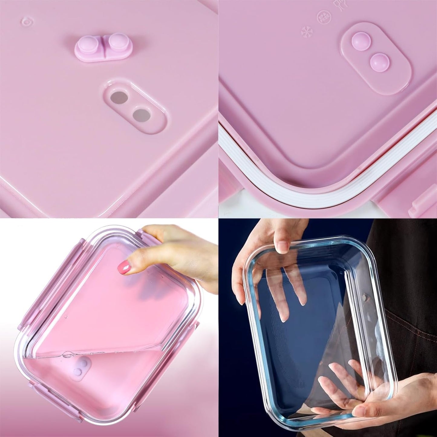 ATRDTO 6 Pieces Rectangle Glass Food Storage Containers with Lids, Meal Prep Containers for Food Storage, BPA Free & Leak Proof (3 lids & 3 Containers) 13.9oz, 24oz, 35oz (Pink)