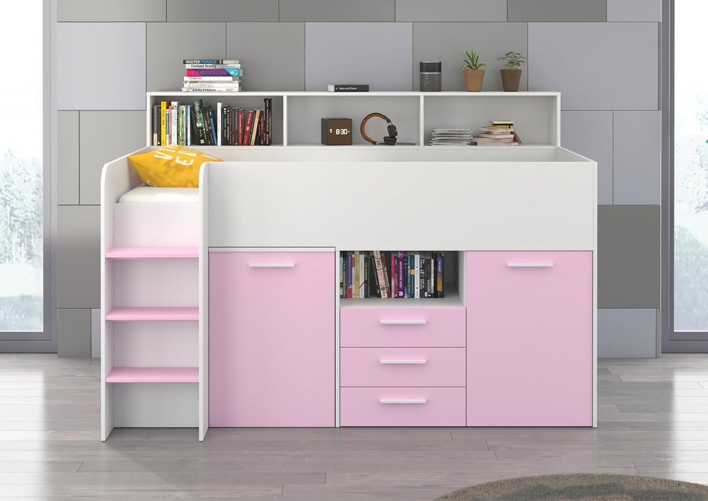 BIM Furniture NEO L Children's Furniture Bunk Bed Set Children's Bedroom Furniture One Bed with Desk, Shelves, Drawers: Left Side (White/Lavender)